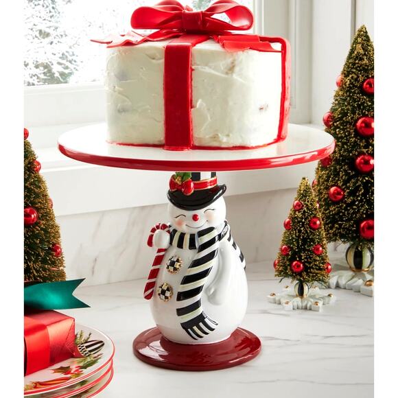 MACKENZIE CHILDS Nostalgia Snowman Pedestal Platter Christmas Holiday NEW - Picture 1 of 6